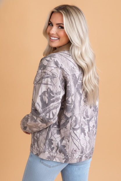Gray Camo Denim Corduroy Collar Button Front Jacket with camo print and corduroy trim women's boutique fashion