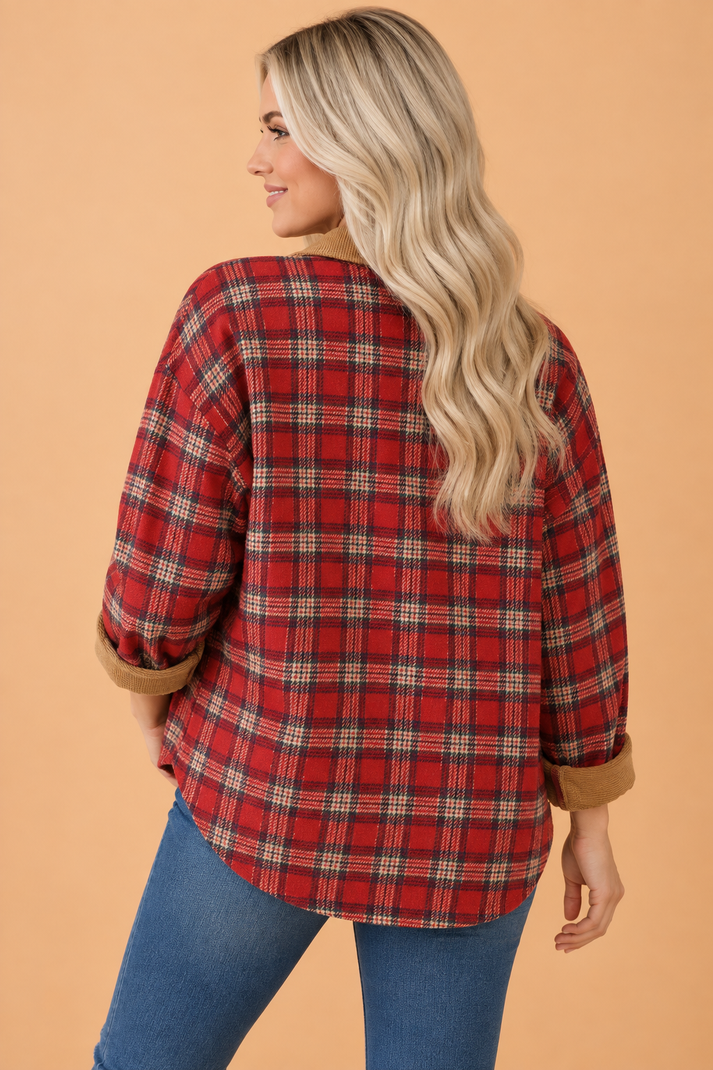 red plaid shacket with corduroy collar and cuff trim boutique layering jacket