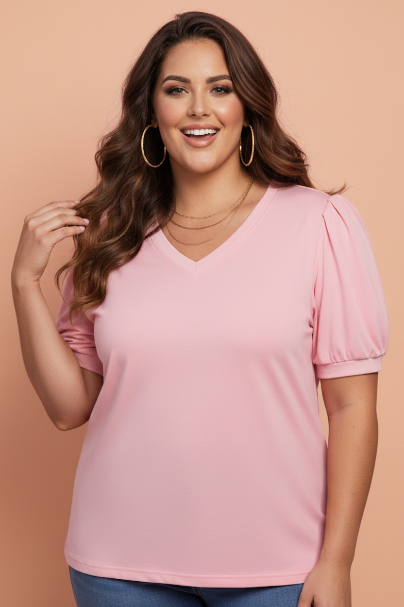Plus Size Solid V-Neck Pleated Puff Sleeve Blouse Pretty Bash women's boutique top from Mollie Mae Boutique