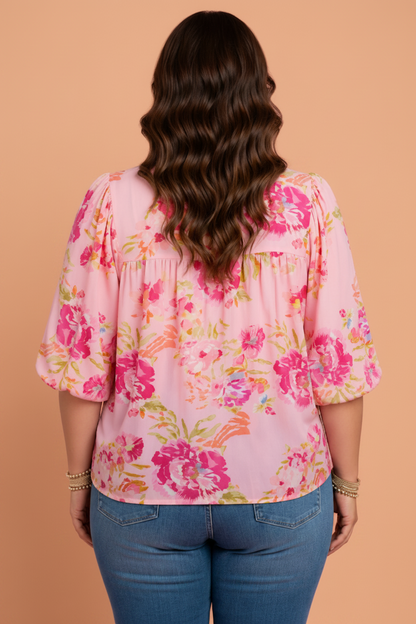 Plus Size Floral Tie V-Neck Puff Sleeve Top