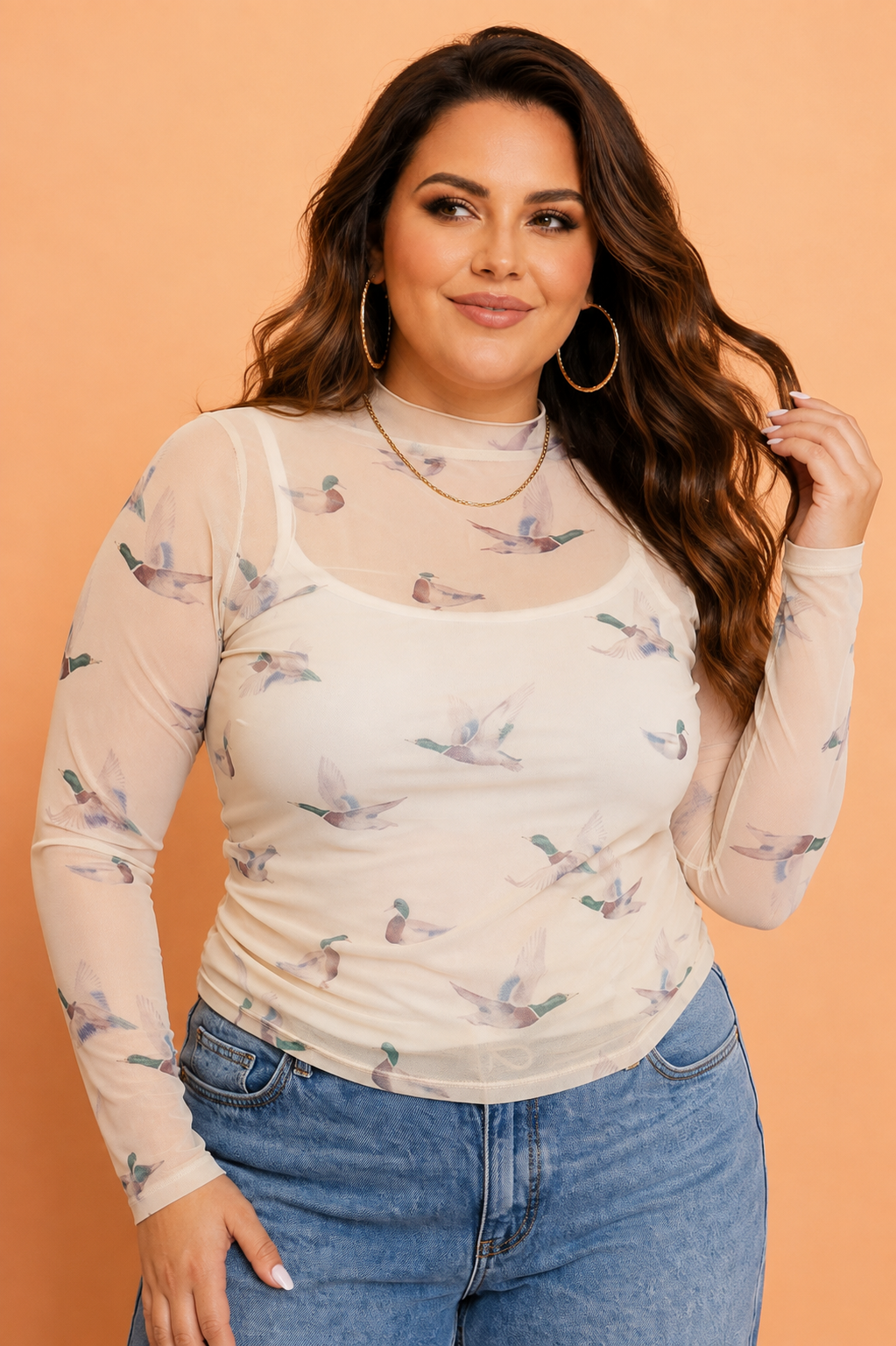 Beige Plus Size Mallard Mesh Long Sleeve Tunic Blouse with mesh texture women's boutique fashion