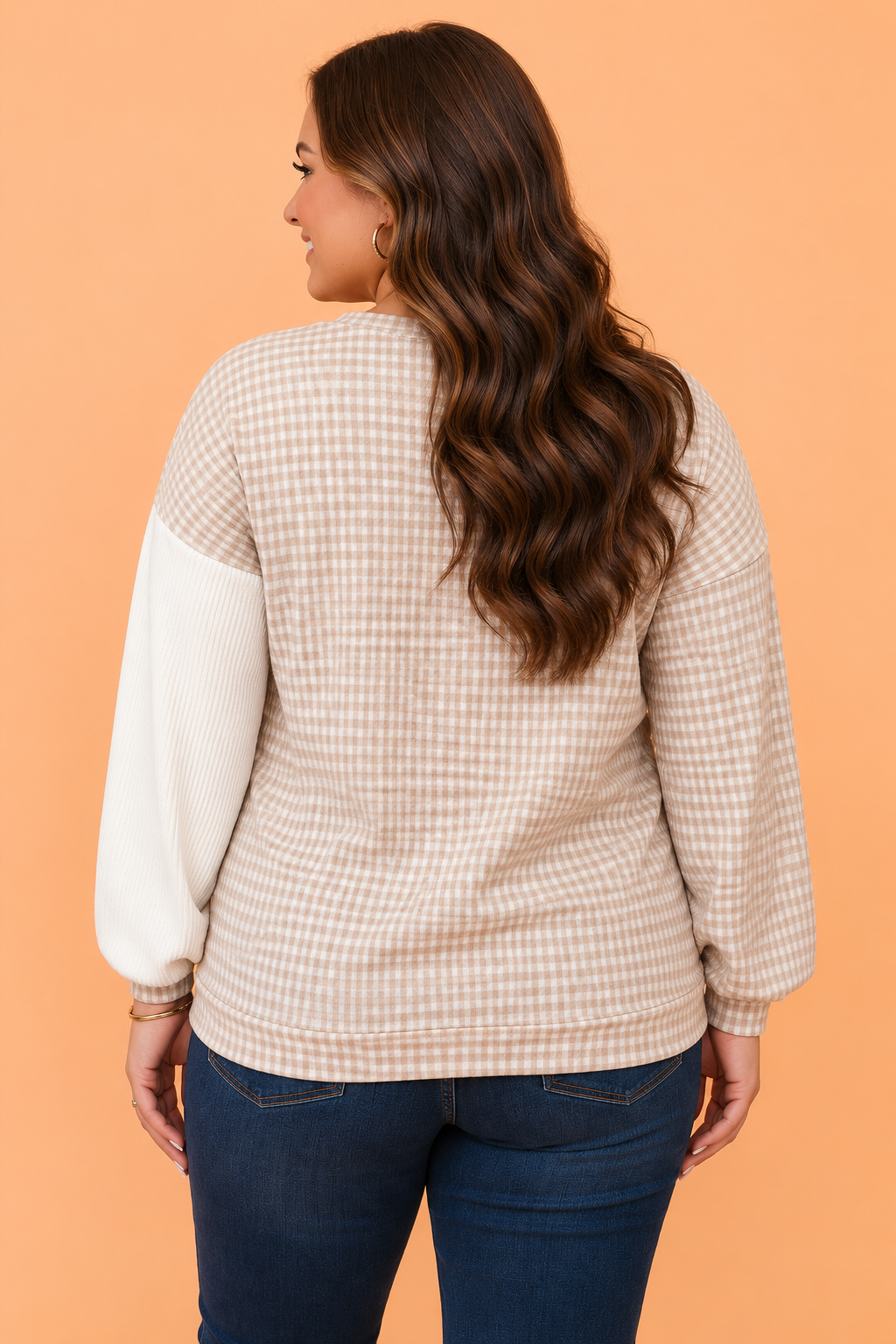 Plus Size Khaki Gingham Patchwork Long Sleeve Blouse featuring boutique-style details and relaxed everyday fit