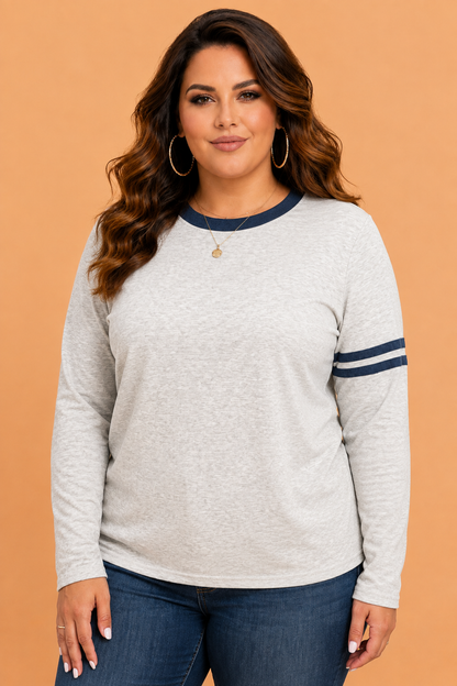 Plus size gray colorblock long sleeve top with denim collar and boutique styling