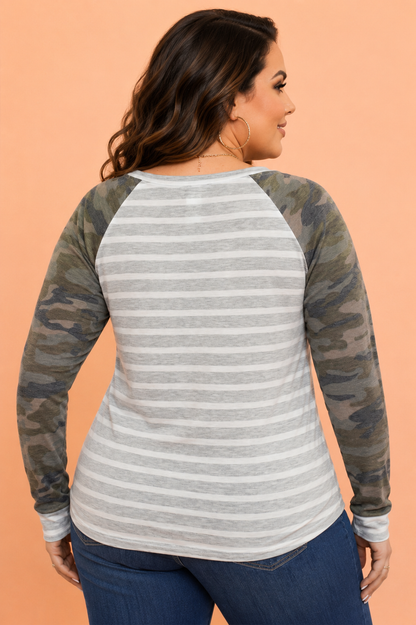 Gray Stripe Plus Size Stripe Camo Raglan Long Sleeve Blouse with camo print women's boutique fashion