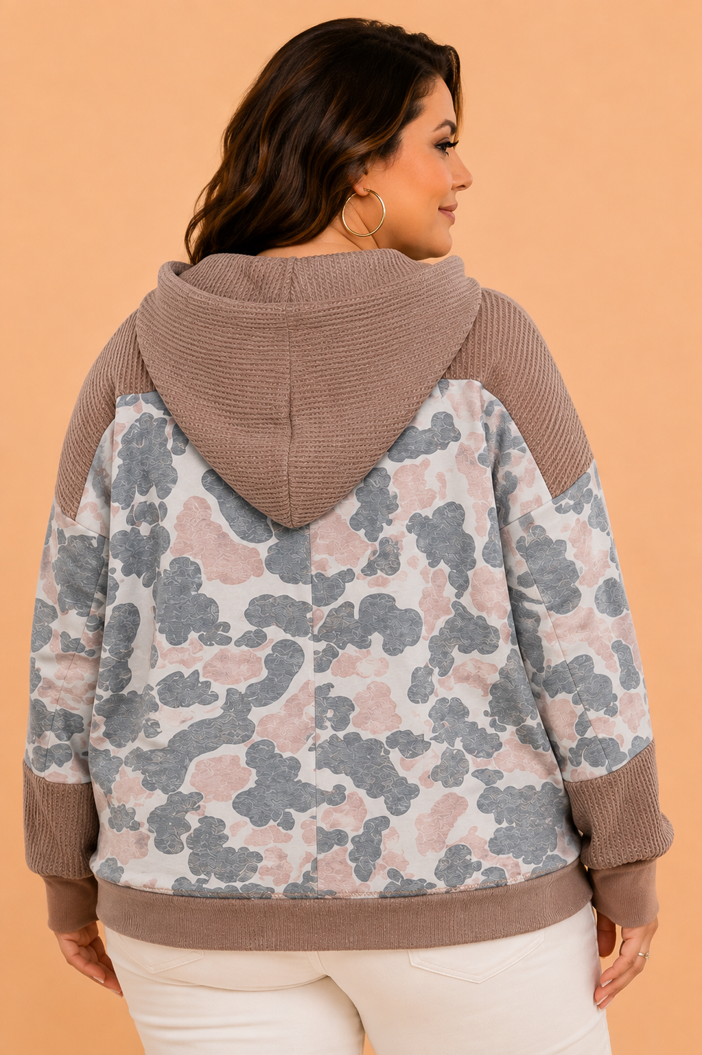 Khaki Plus Size Camo Waffle Knit Patchwork Half Zip Hoodie with camo print and waffle knit texture women's boutique fashion