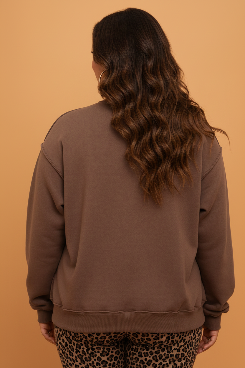 Plus size coffee WWJD Amen reversible mock neck sweatshirt with exposed seam boutique styling