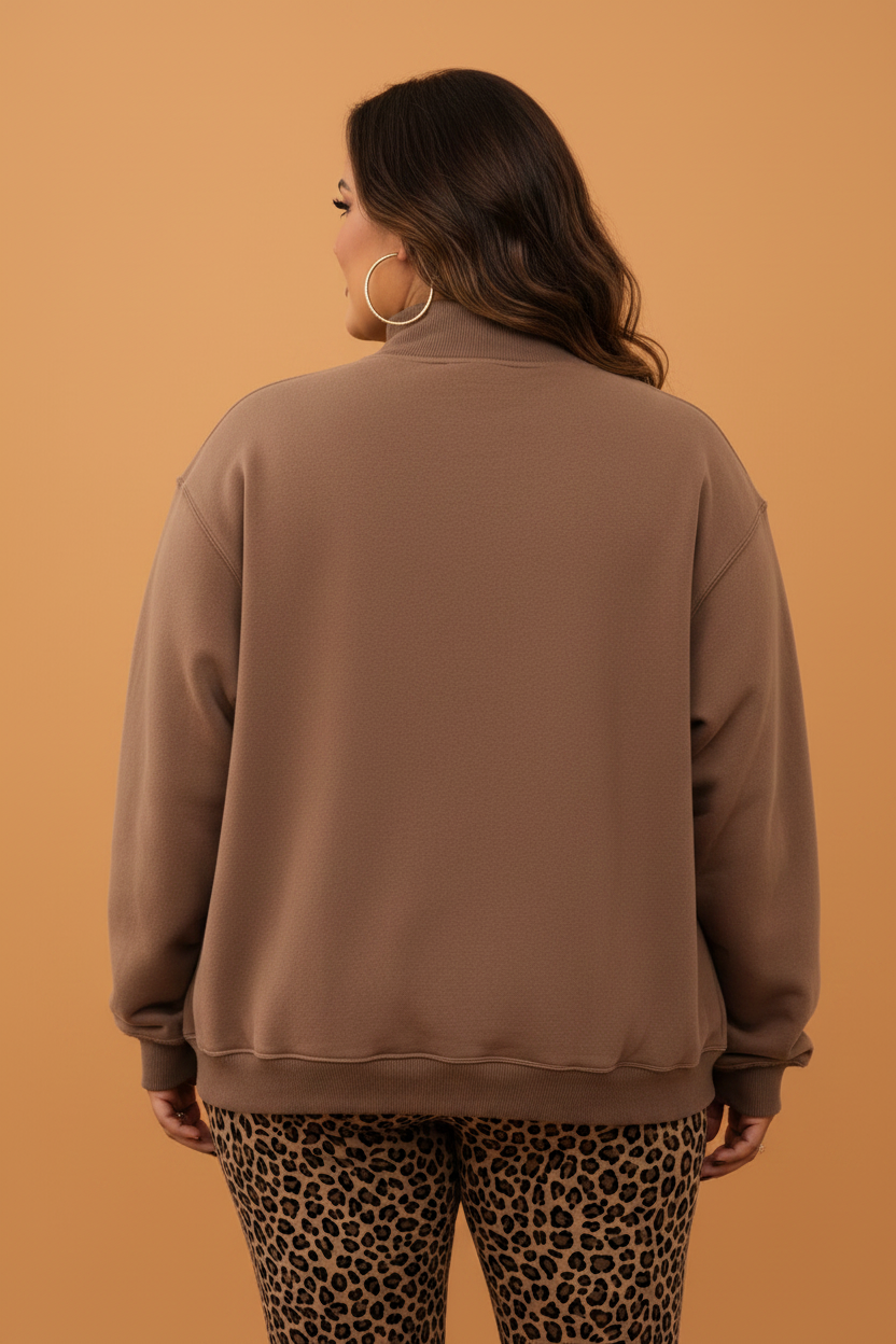 Plus size coffee WWJD Amen reversible mock neck sweatshirt with exposed seam boutique styling