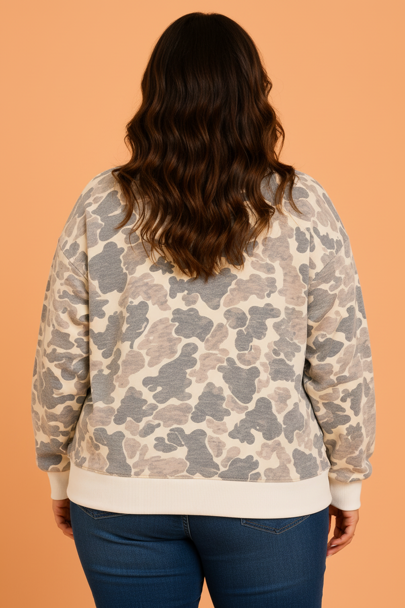 Camo Plus Size Camo Contrast Trim Buttoned Collar Sweatshirt with camo print women's boutique fashion