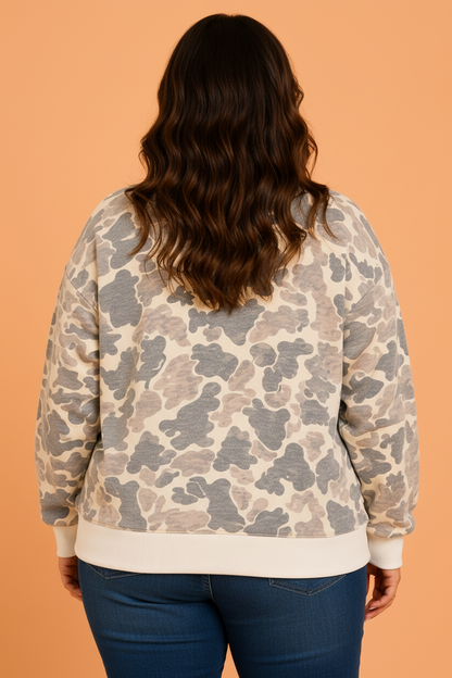 Camo Plus Size Camo Contrast Trim Buttoned Collar Sweatshirt with camo print women's boutique fashion