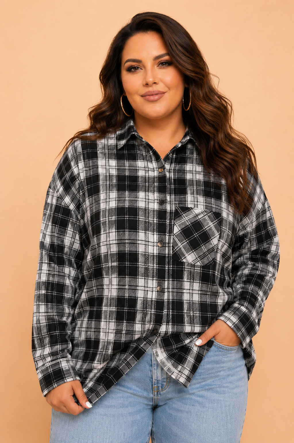 Black Plus Size Plaid Chest Pocket Long Sleeve Shacket with plaid detail women's boutique fashion