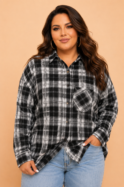 Black Plus Size Plaid Chest Pocket Long Sleeve Shacket with plaid detail women's boutique fashion