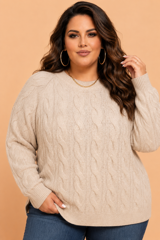 Parchment Plus Size Solid Cable Knit Raglan Sleeve Sweater with cable knit texture women's boutique fashion