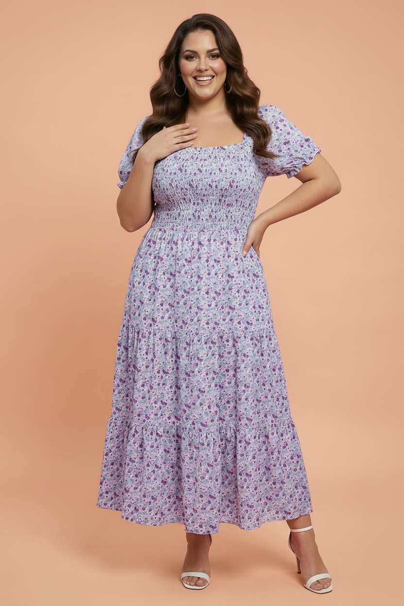 Purple Plus Size Floral Smocked Square Neck Maxi Dress boutique fashion piece with stylish details and comfortable everyday wear