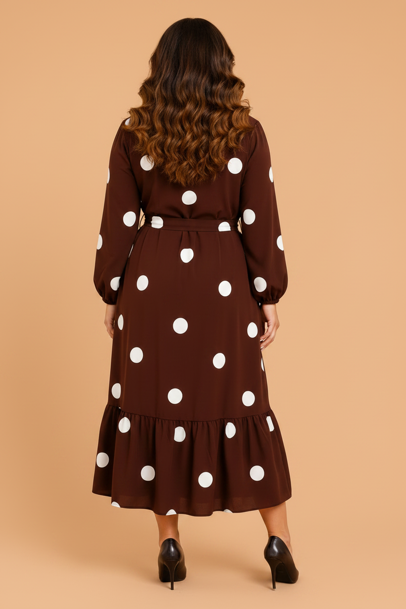 plus size brown polka dot long sleeve ruffle midi boutique dress