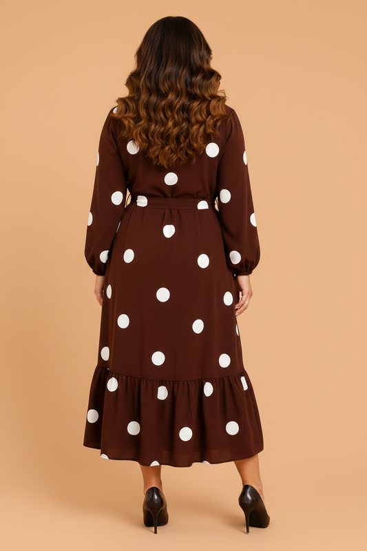 plus size brown polka dot long sleeve ruffle midi boutique dress