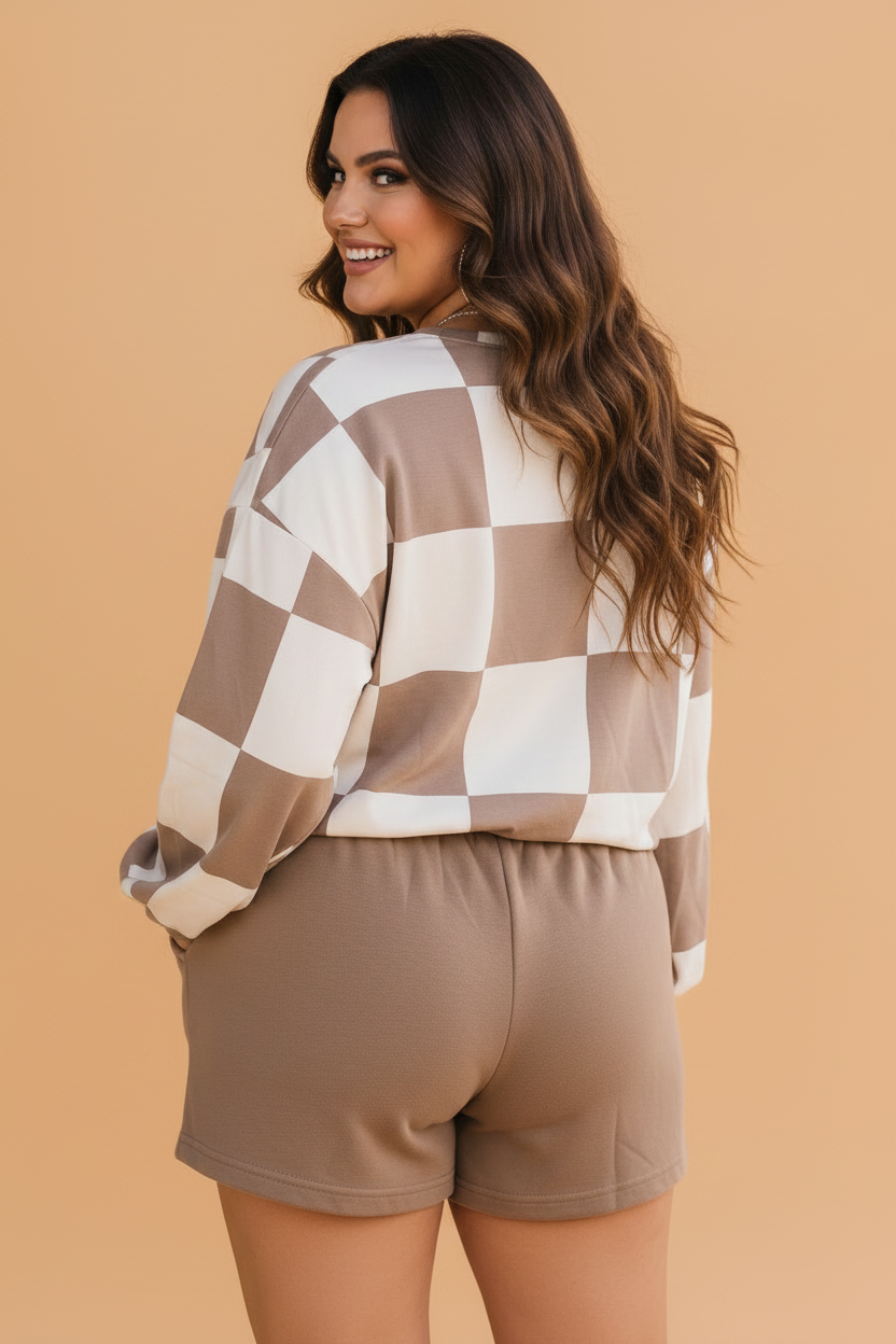 Khaki Plus Size Checker Long Sleeve Top & Shorts Set featuring boutique-style details and relaxed everyday fit