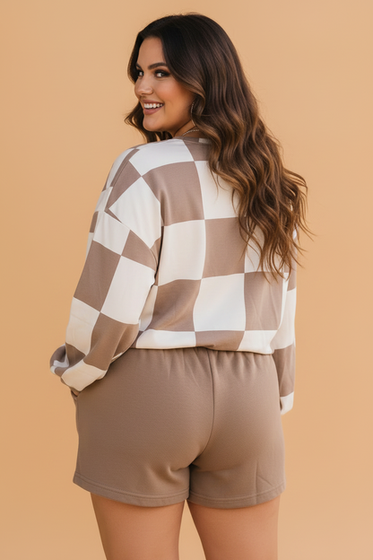 Khaki Plus Size Checker Long Sleeve Top & Shorts Set featuring boutique-style details and relaxed everyday fit