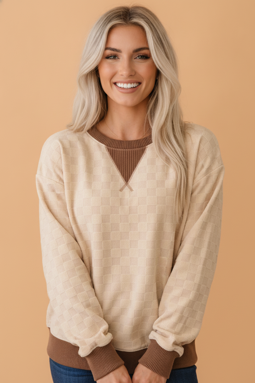 Parchment parchment checker corded knit contrast trim top with boutique fashion styling