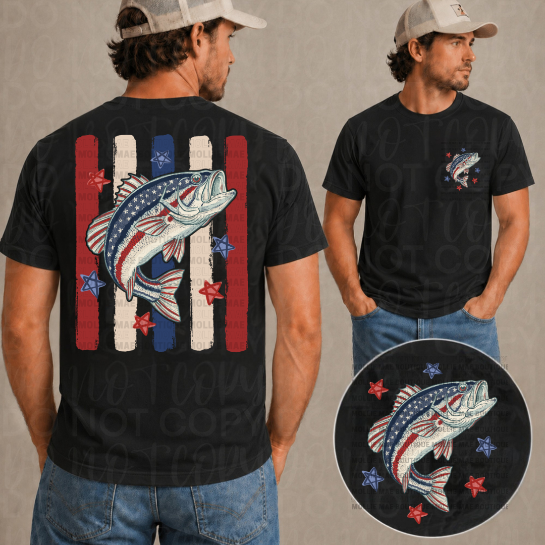 Patriotic bass fishing graphic tee on black Gildan Softstyle with red white and blue bass design and matching pocket graphic