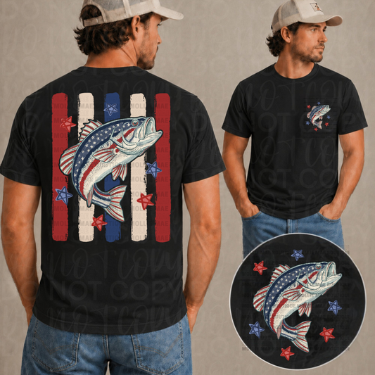 Patriotic bass fishing graphic tee on black Gildan Softstyle with red white and blue bass design and matching pocket graphic