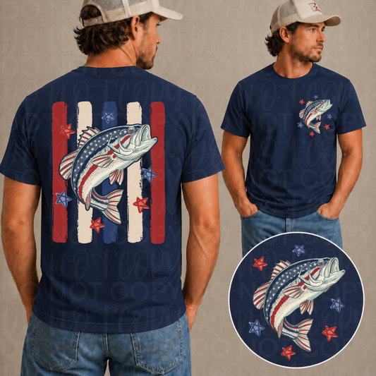 Patriotic bass fishing graphic tee on navy Gildan Softstyle featuring Americana bass artwork and left chest graphic