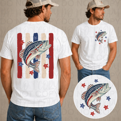 Patriotic bass fishing graphic tee on white Gildan Softstyle with vintage red white and blue bass fishing design