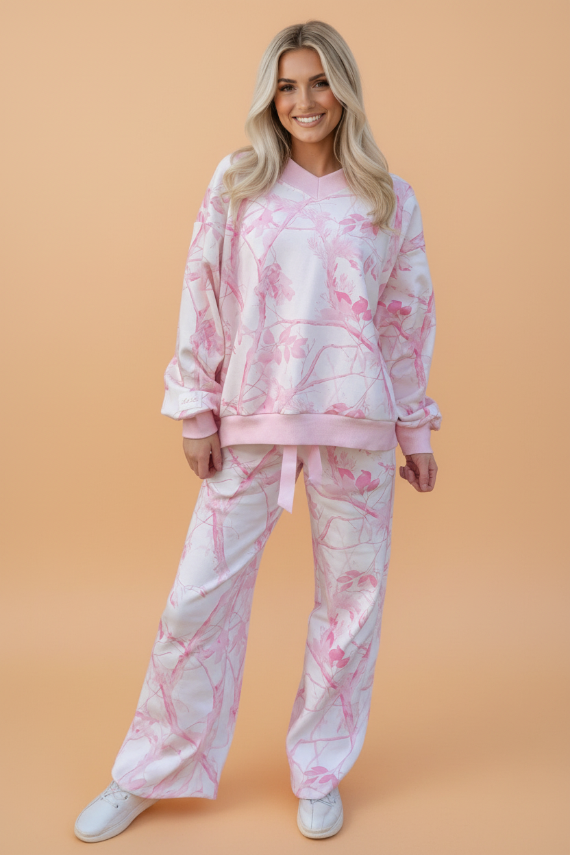 Pink Camo V-Neck Top and Pants Set with a flattering V-neck top and comfortable drawstring pants, boutique fashion