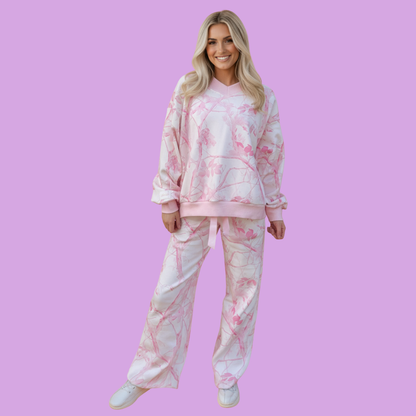 Pink Camo V-Neck Top and Pants Set