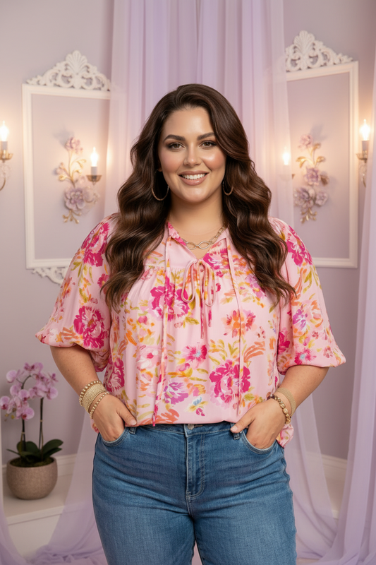 Pink Plus Size Floral Tie V-Neck Puff Sleeve Top boutique fashion piece with stylish details and comfortable everyday wear
