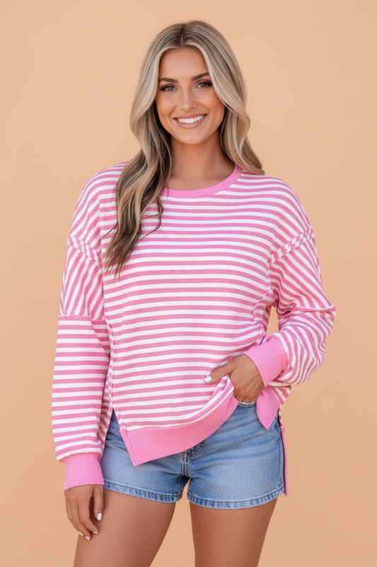 Pink Stripe pink stripe textured knit split hem sweater with boutique fashion styling