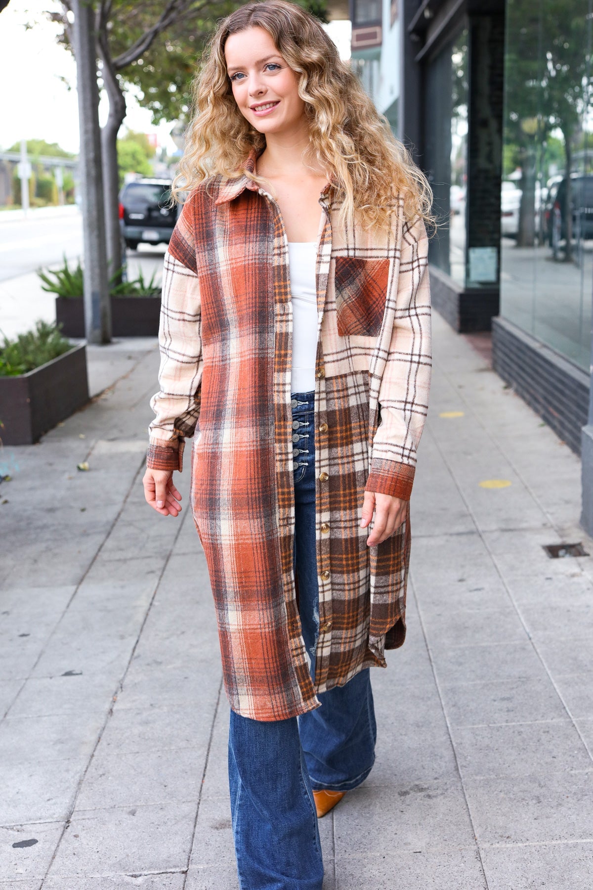 Haptics Rust & Taupe Color Block Plaid Longline Shacket