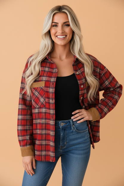 red plaid shacket with corduroy collar and cuff trim boutique layering jacket
