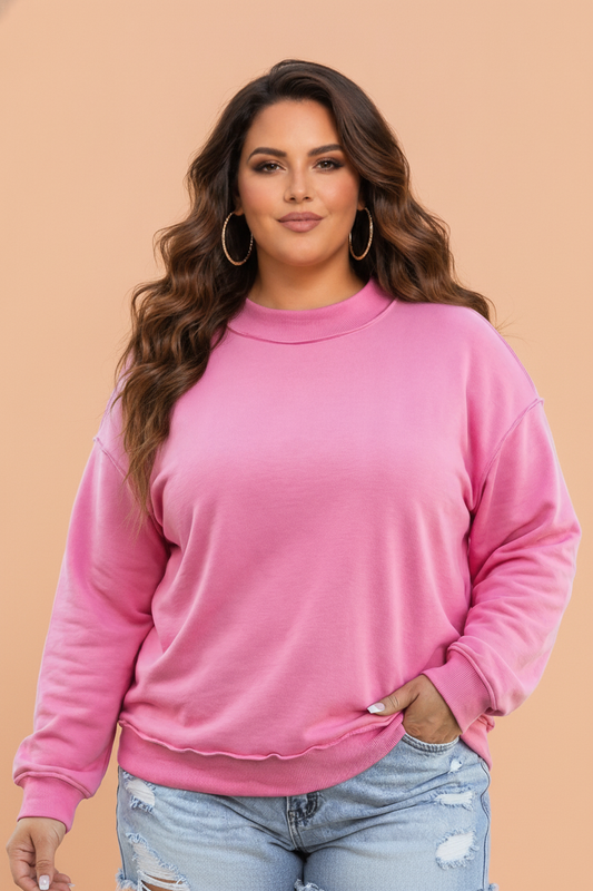 Bright pink plus size reversible mock neck sweatshirt with exposed seams and relaxed drop shoulders, boutique casual top