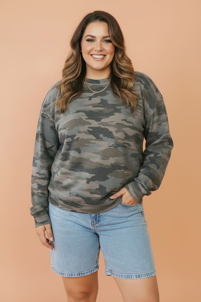 Green Plus Size Camo Crew Neck Sweatshirt with a classic crew neck, camo print, and relaxed plus-size comfort, boutique fashion
