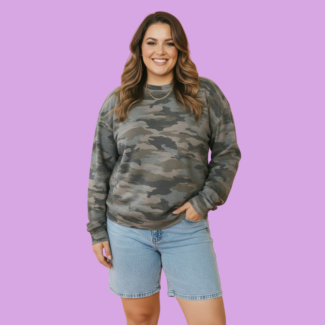 Plus Size Camo Crew Neck Sweatshirt