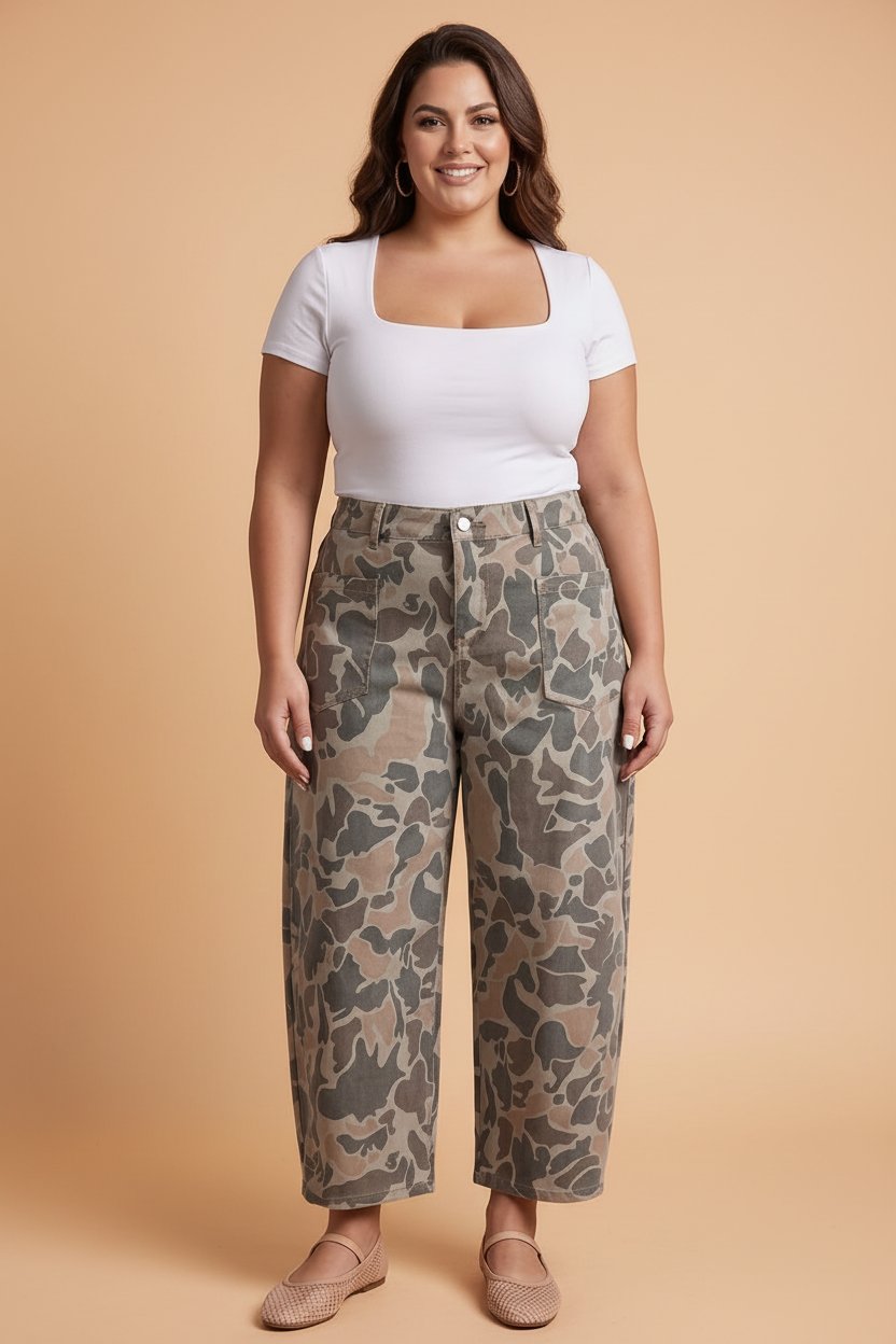 Plus Size Camo Denim High Waist Barrel Jeans in Multicolour