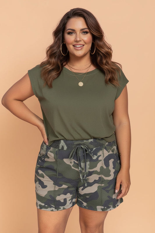 Plus Size Camo Elastic Waist Pocketed Shorts boutique apparel from Mollie Mae Boutique