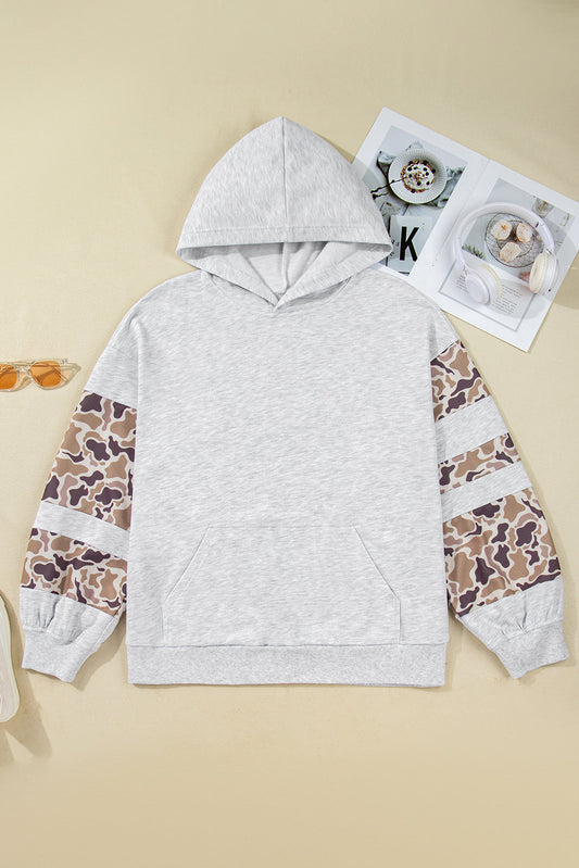 Light Grey Plus Size Grey Camo Patchwork Hoodie with camo patchwork, asymmetric sleeve details, and a relaxed plus-size fit, boutique fashion