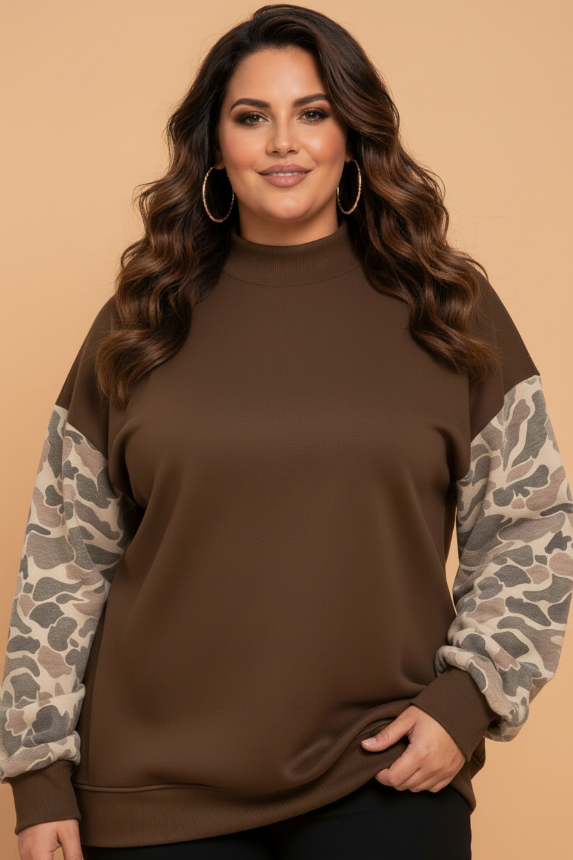 Plus Size Camo Patchwork Mock Neck Sweatshirt in Coffee