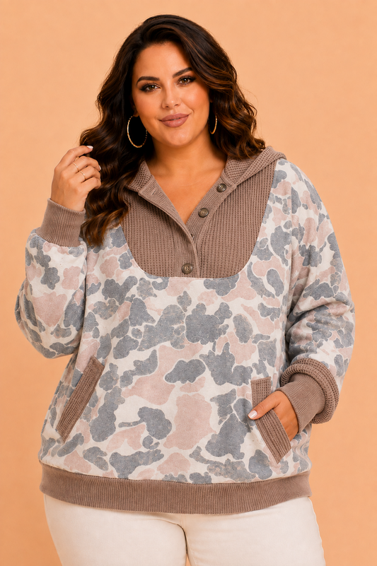 Khaki Plus Size Camo Waffle Knit Patchwork Half Zip Hoodie with camo print and waffle knit texture women's boutique fashion