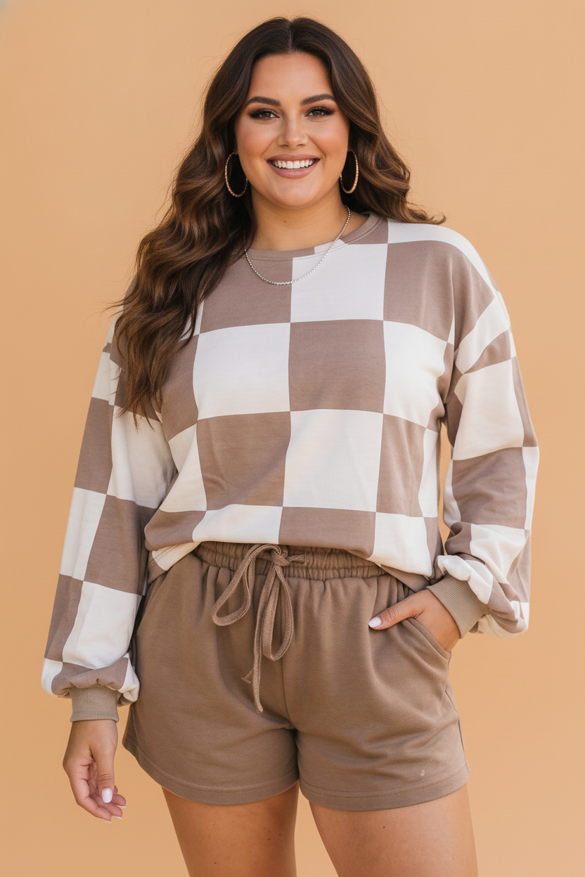 Khaki Plus Size Checker Long Sleeve Top & Shorts Set featuring boutique-style details and relaxed everyday fit
