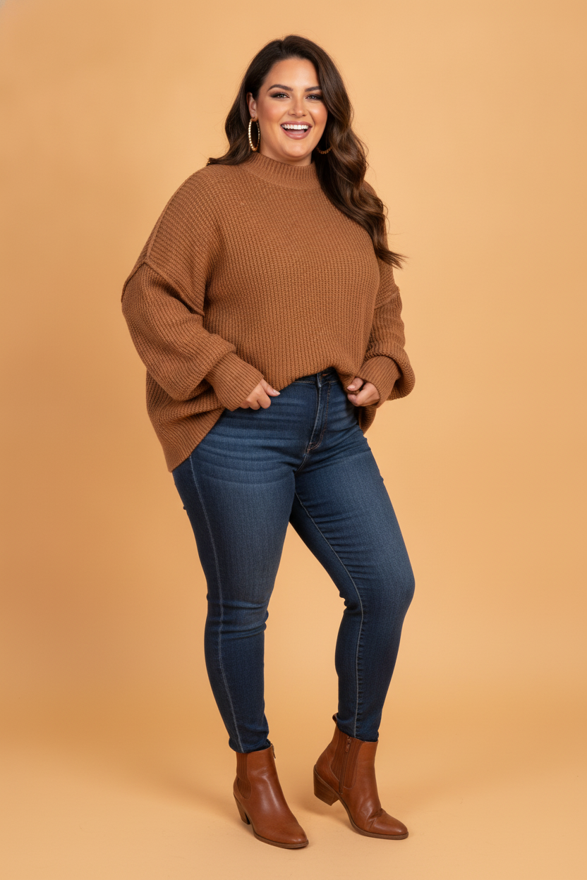 Chestnut plus size chestnut ribbed trim oversized sweater with boutique fashion styling