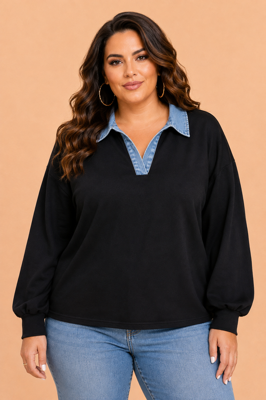 plus size black V-neck knit blouse with contrast denim collar boutique top