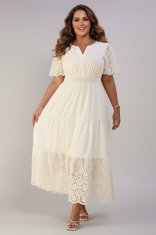 Plus Size Embroidered Eyelet Patchwork V-Neck Maxi Dress boutique fashion by Mollie Mae Boutique