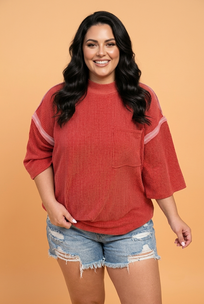 Plus size fiery red corded knit round neck tunic top with three-quarter sleeves