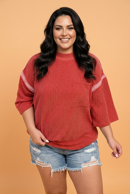 Plus size fiery red corded knit round neck tunic top with three-quarter sleeves