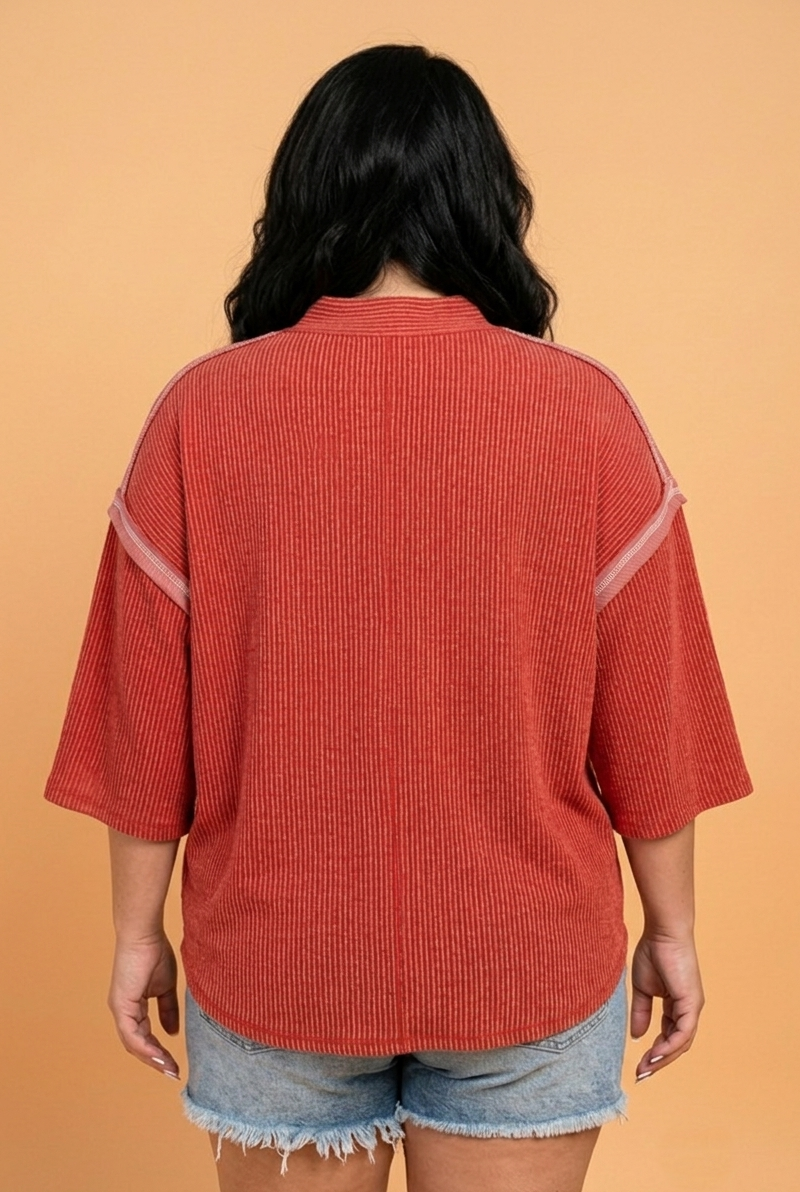 Plus size fiery red corded knit round neck tunic top with three-quarter sleeves