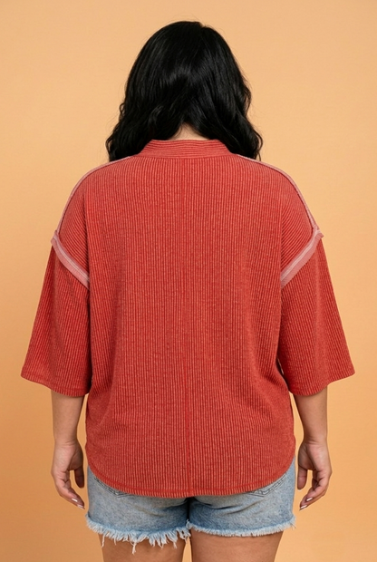 Plus size fiery red corded knit round neck tunic top with three-quarter sleeves