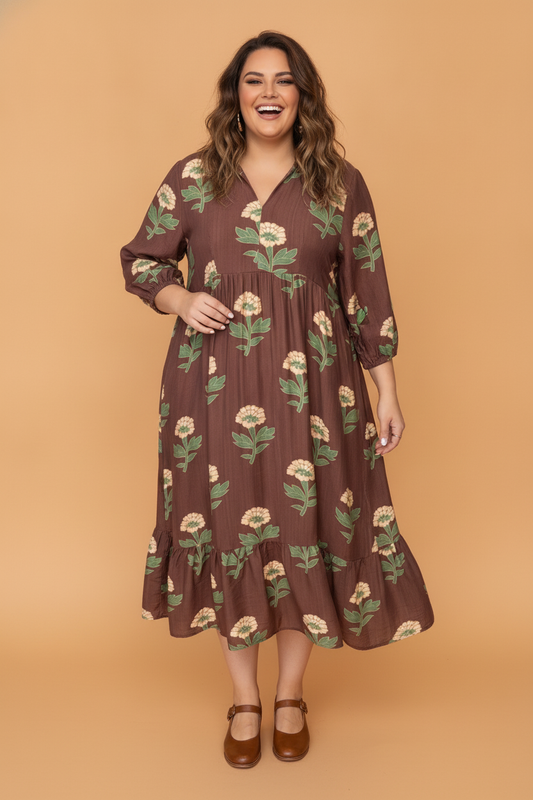 plus size brown floral V-neck long sleeve midi boutique dress