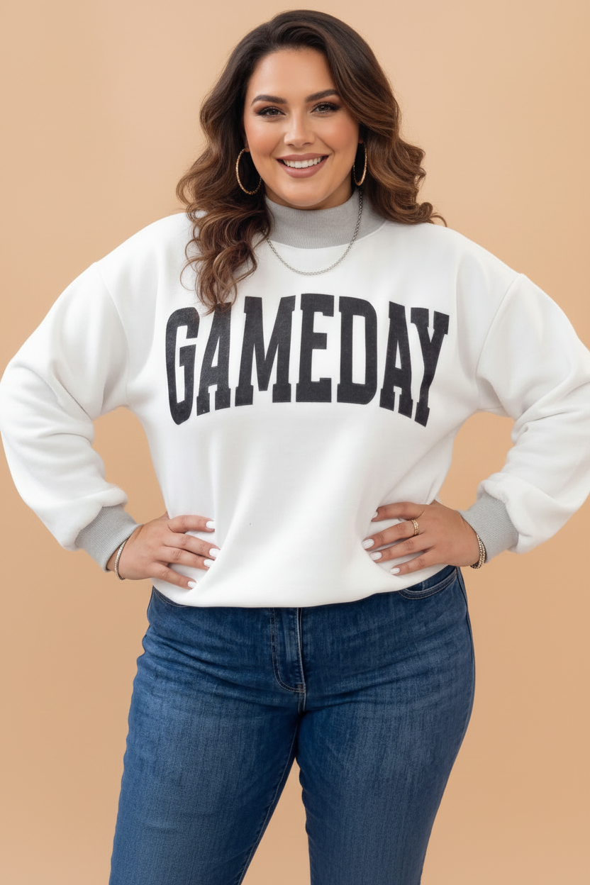 Light Grey plus size light gray Game Day Football reversible mock neck sweatshirt with boutique style